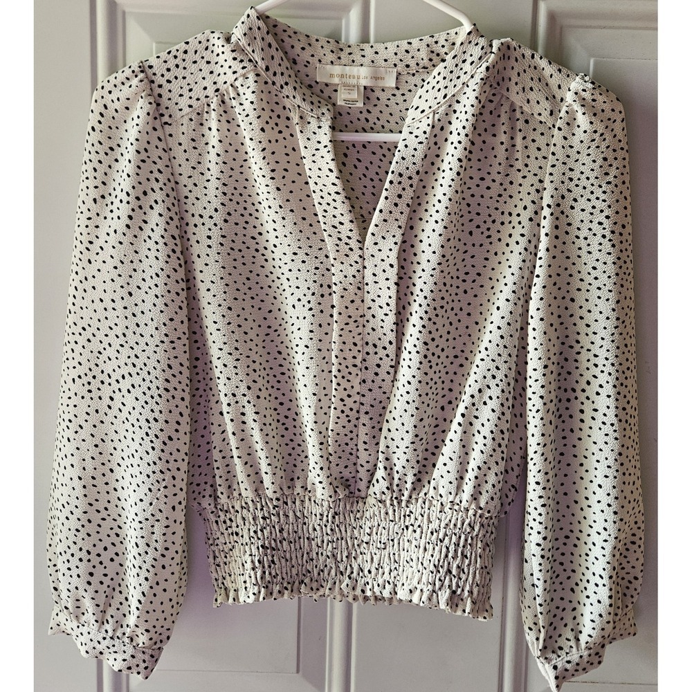 Monteau Los Angeles Blouse Womens Small Cream Black Polka Dot Smocked Waist Long